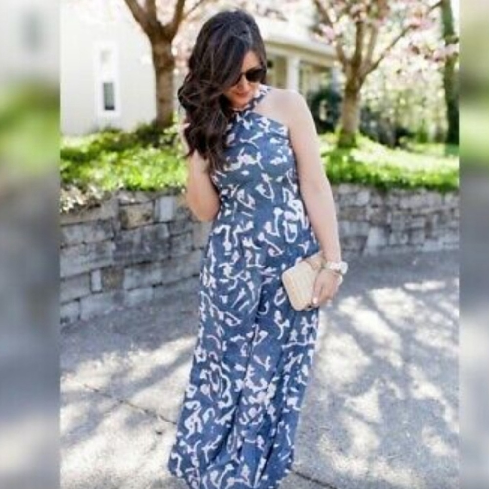 Cabi Aurora Watercolor Print Halter Maxi Dress